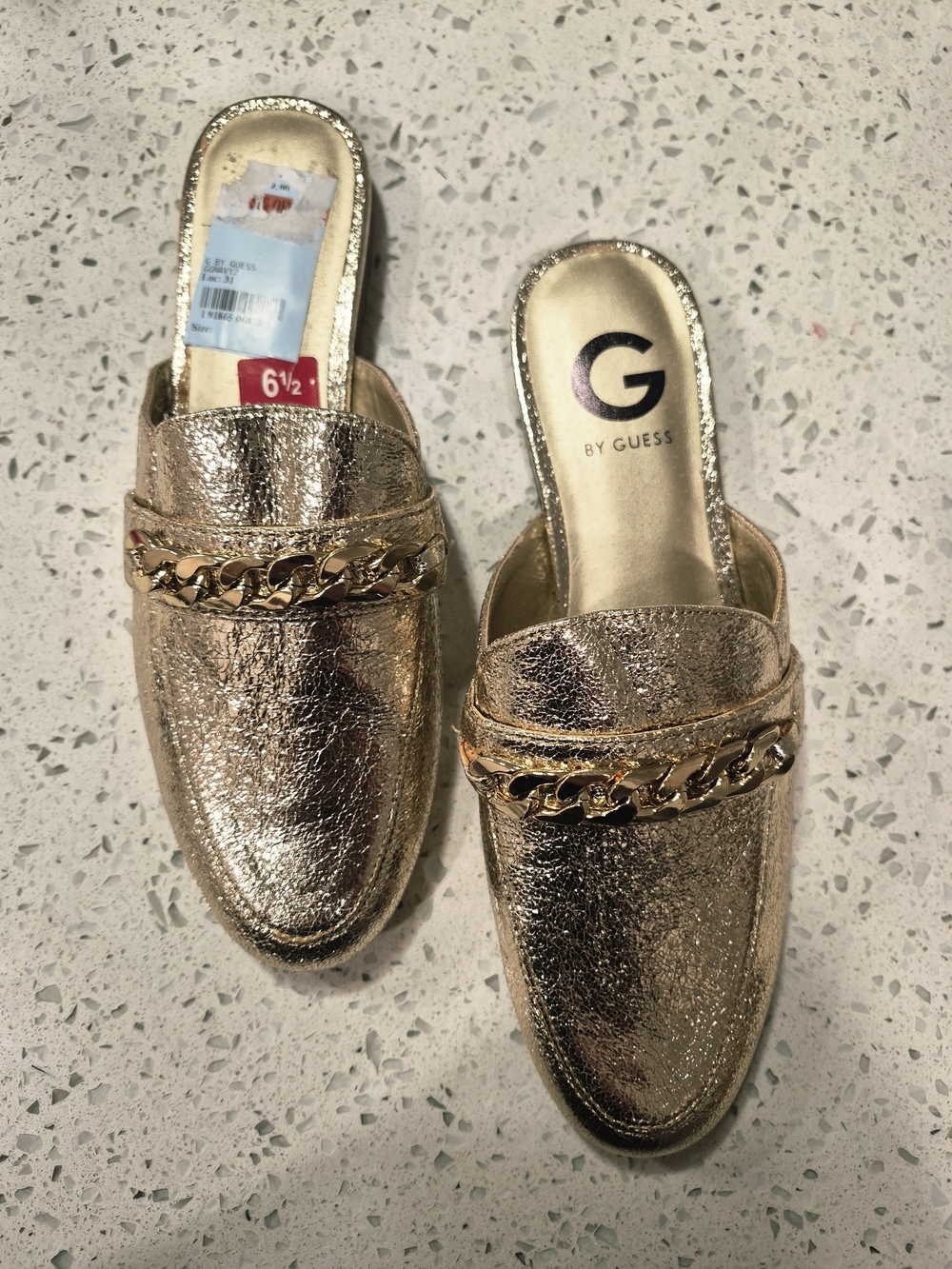 G by Guess Metallic Gold Chain-Trim Slide Mules Size 6.5 NEW No Box